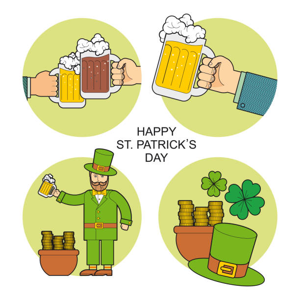 ilustrações, clipart, desenhos animados e ícones de ilustração em vetor de uma mão com uma caneca de cerveja, uma celebração do dia de são patrício, uma festa de cerveja em um pub - clover leaf green spirituality