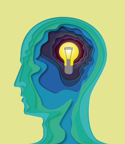 istock Human head - vector illustration in the style of material design for presentation, booklet, website and other design projects. Advertising models. Volumetric multilayered abstract curved shape of the human brain with a light bulb, symbolizes the idea. 893449320