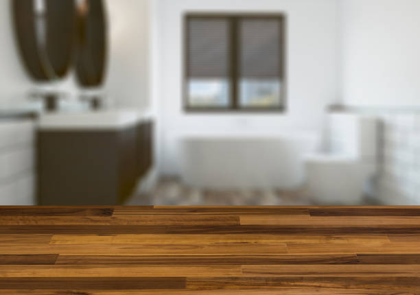 istock Modern bathroom including bath and sink.  Wooden table. 893449346