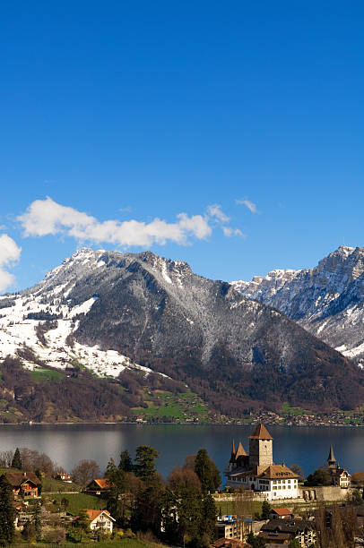 Swiss mountain by a lake stock photo