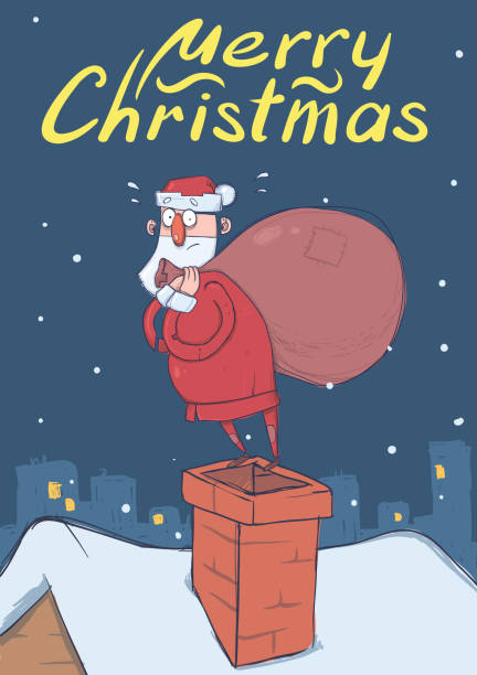 Christmas card of funny confused Santa Claus with big bag standing on a chimney in snowy night city. Santa looks lost. Vertical vector illustration. Cartoon character. Lettering. Copy space. Christmas card of funny confused Santa Claus with big bag standing on a chimney in snowy night city. Santa looks embarrassed. Vertical vector illustration. Cartoon character. Lettering. Copy space. lost in space stock illustrations