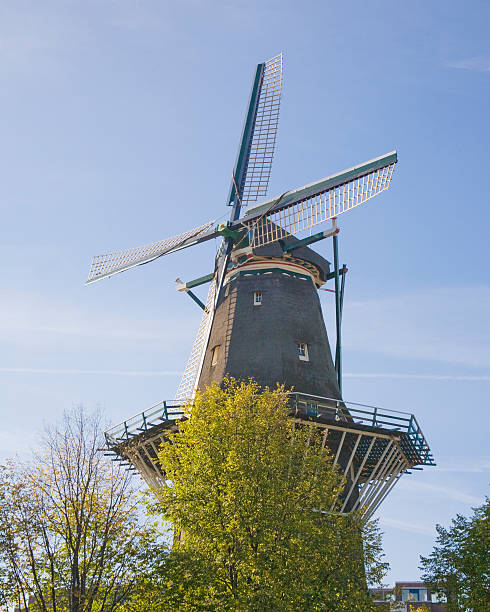 istock Amsterdam, Netherlands: Windmill in Blue Sky with Fall Leaves 89345523