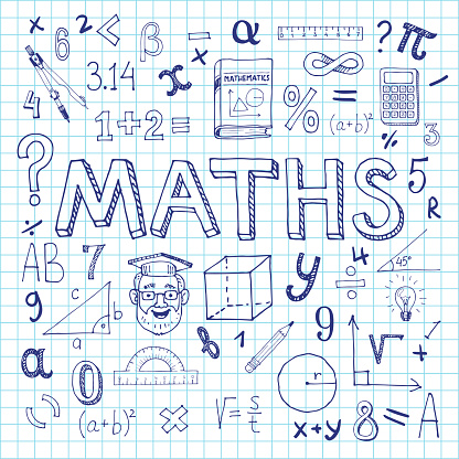 Maths hand drawn vector illustration with doodle mathematical formulas, numbers and objects, isolated on exercise book sheet