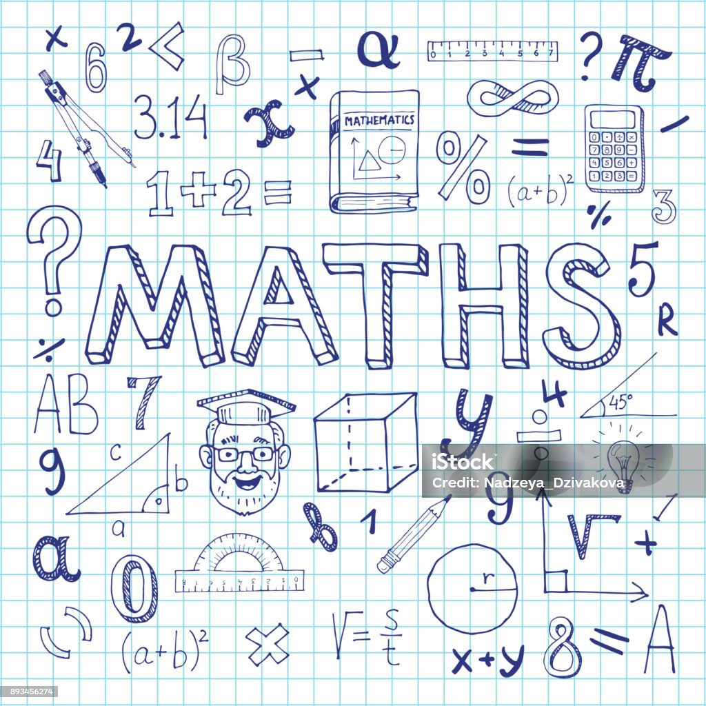Mathematics background. Maths hand drawn vector illustration with doodle mathematical formulas, numbers and objects, isolated on exercise book sheet Mathematics stock vector