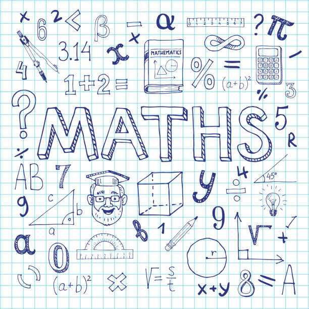 Mathematics background. Maths hand drawn vector illustration with doodle mathematical formulas, numbers and objects, isolated on exercise book sheet mathematical symbol stock illustrations