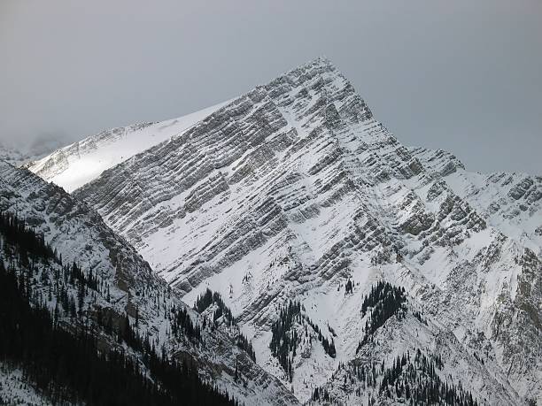 Serene woman with backpack  looking at scenic view of Bow river Valley in Banff during the hike off-season