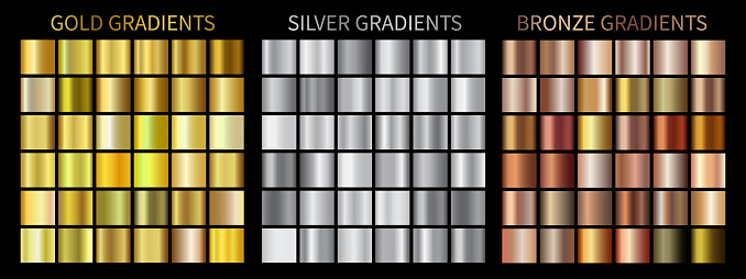 Gold, silver, bronze gradients. Collection of vector colorful gradient illustrations for backgrounds, cover, frame, ribbon, banner, coin, label, flyer, card, poster, ring etc.