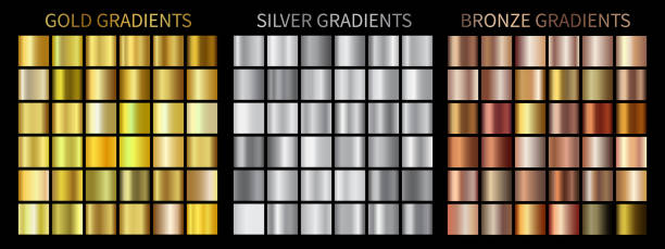 Gold, silver, bronze gradients Gold, silver, bronze gradients. Collection of vector colorful gradient illustrations for backgrounds, cover, frame, ribbon, banner, coin, label, flyer, card, poster, ring etc. copper stock illustrations