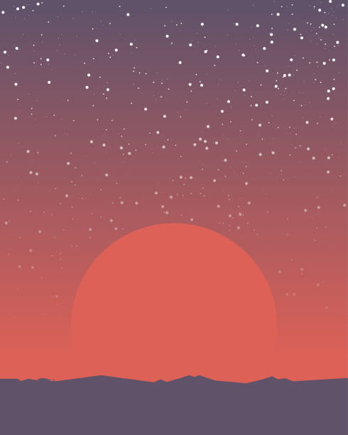 Space retro banner Space retro background. Planet surface like Mars and huge red giant sun rising above the horizon. Gradient planet sky. Mountains and rocks on planet horizon. A lot of bright stars on the sky. moon backgrounds stock illustrations
