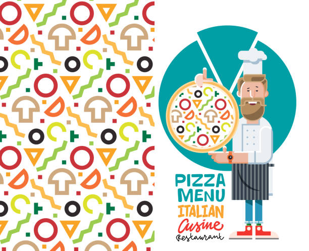 Cook with pizza and menu vector illustration isolated on white background. Flat style cook with pizza and menu vector illustration isolated on white background lunch designs stock illustrations