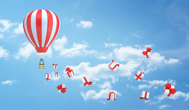 줄무늬 빨간색과 흰색 뜨거운 공기 풍선의 3d 렌더링 많은 선물 상자의 흔적을 떠나 하늘에 날아 - heat mid air flying float 뉴스 사진 이미지