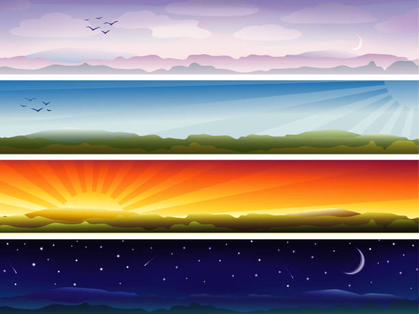 Banners showing day sequence - morning, noon, evening and night vector art illustration