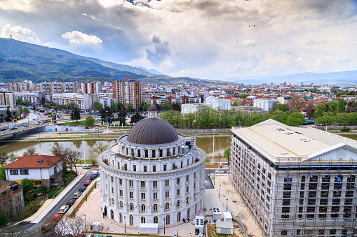 Skopje, Macedonia - April 5, 2017: Cityscape view of Skopje from Kale fortress, medieval Ottoman fortress overlooking the city.