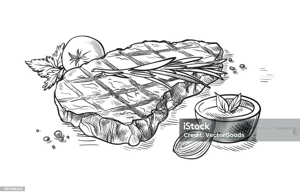 Fleisch-Steak mit Zitrone und Sauce isoliert auf weißem Hintergrund - Lizenzfrei Illustration Vektorgrafik