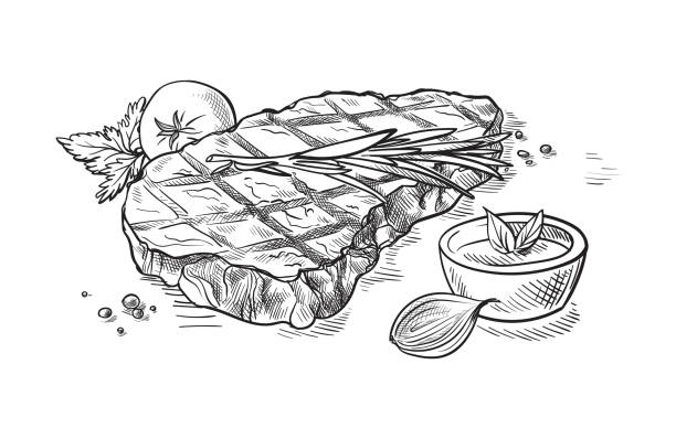 레몬과 흰색 배경에 고립 된 소스와 고기 스테이크 - 고기 일러스트 stock illustrations