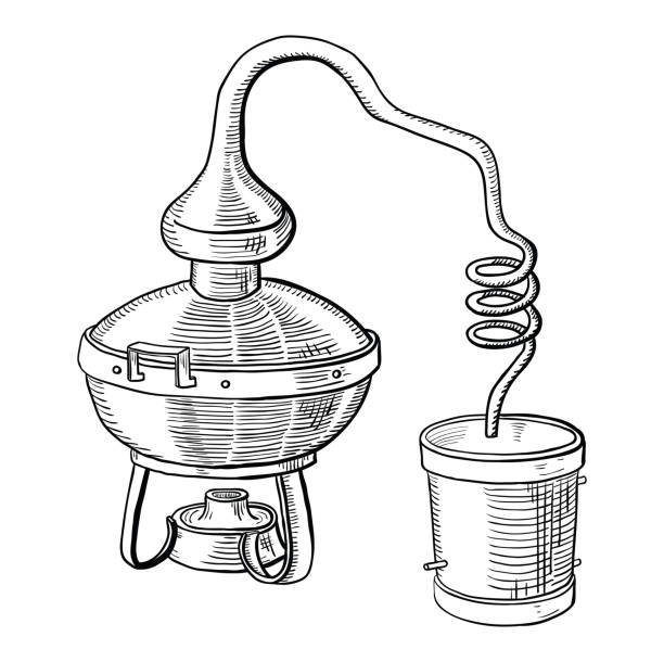 ilustraciones, imágenes clip art, dibujos animados e iconos de stock de proceso de destilación de alcohol - alambique