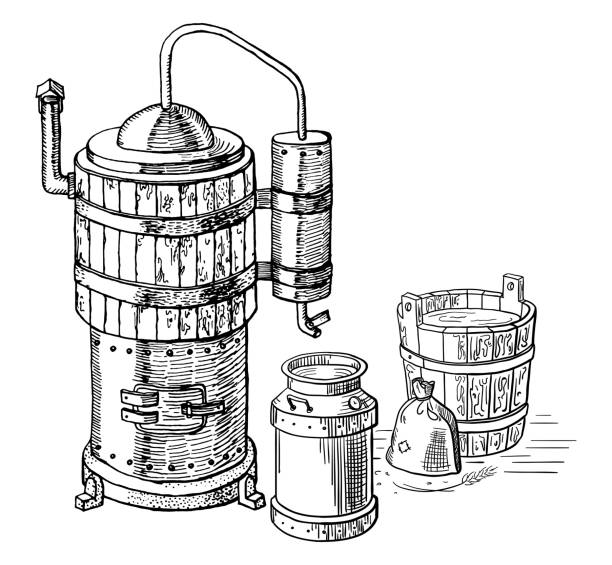 ilustraciones, imágenes clip art, dibujos animados e iconos de stock de proceso de destilación de alcohol - alambique