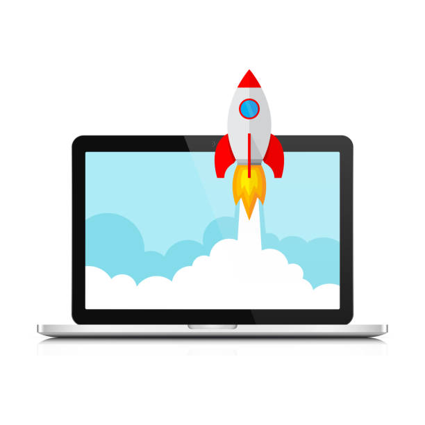 istock The spacecraft and laptop - concept of business start-up. Vector Illustration. 893489738