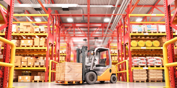 istock Concept of warehouse. The forklift between rows in the big warehouse 893490172