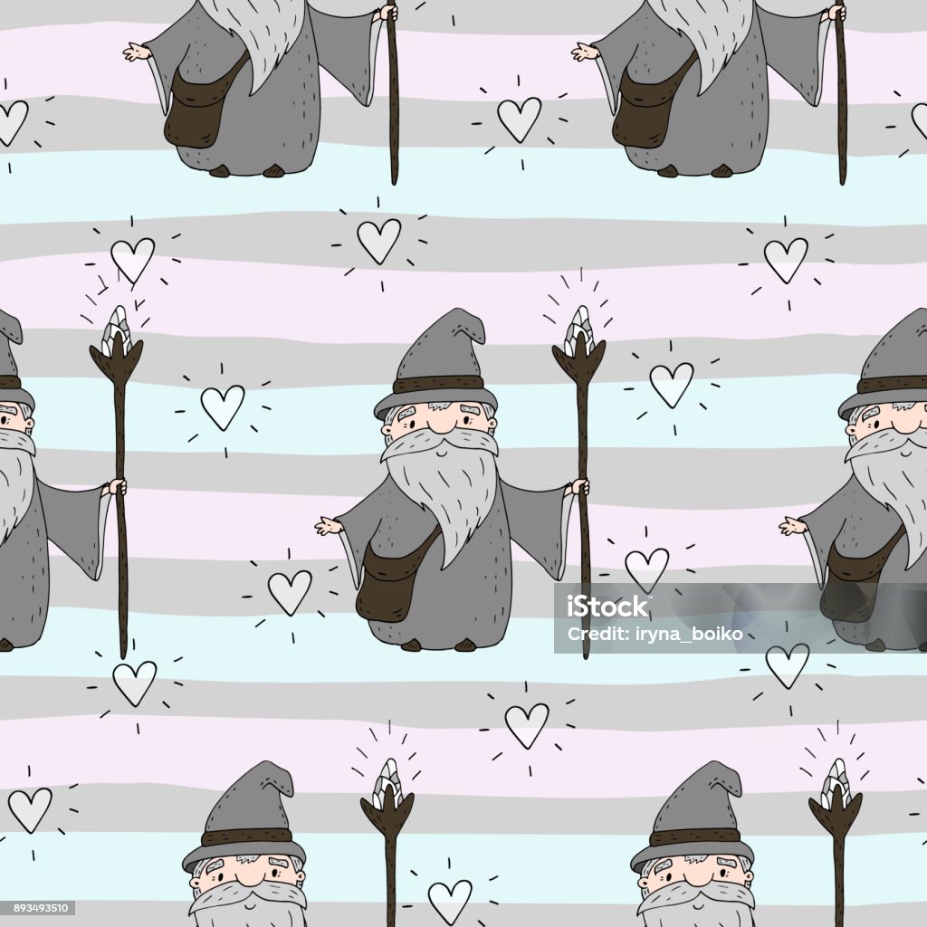 Cute Hand Drawn Seamless Pattern With Wizard Vector Print Stock ...