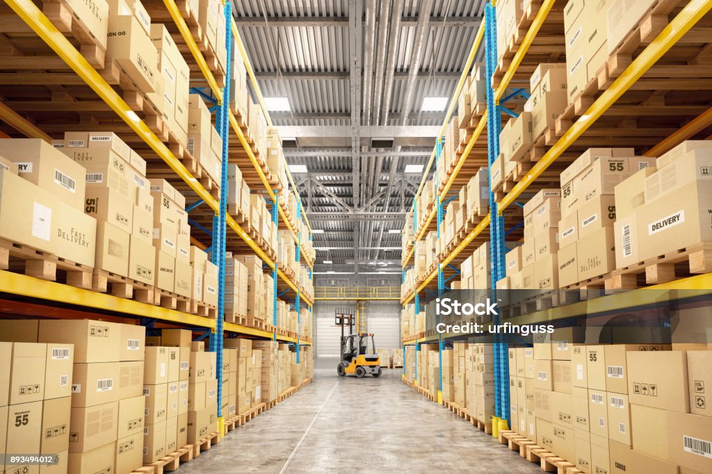Concept of warehouse. The forklift between rows in the big warehouse Concept of warehouse. The forklift between rows in the big warehouse. 3d illustration Warehouse Stock Photo