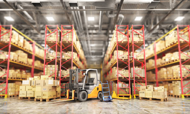 istock Concept of warehouse. The forklift between rows in the big warehouse. 893496410