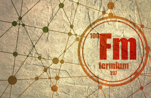 Fermium chemical element. Fermium chemical element. Sign with atomic number and atomic weight. Chemical element of periodic table. Molecule And Communication Background. Connected lines with dots. fermium stock illustrations