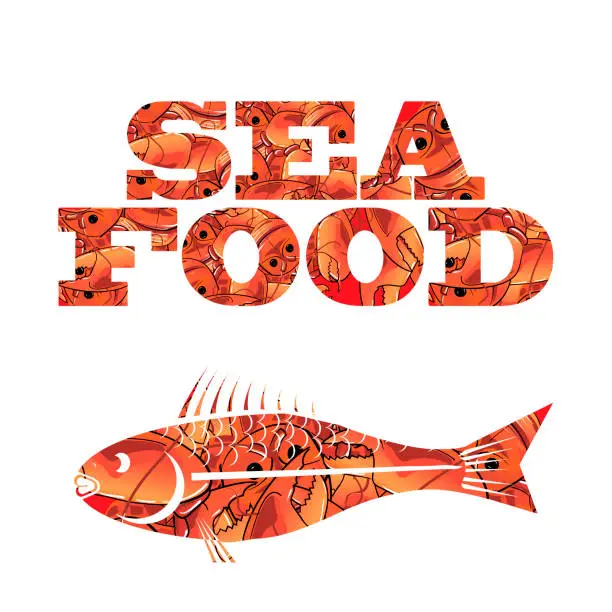 Vector illustration of Silhouette of Fish. Seafood Text
