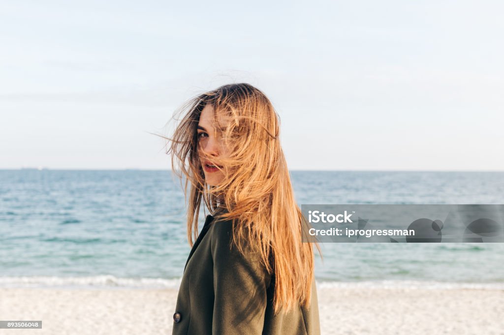 Beautiful young woman with long brown hair Beautiful young woman with long brown hair turns and looks at camera on the beach Hair Stock Photo