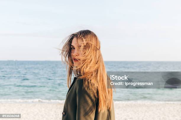 Beautiful Young Woman With Long Brown Hair Stock Photo - Download Image Now - Hair, Women, Sea