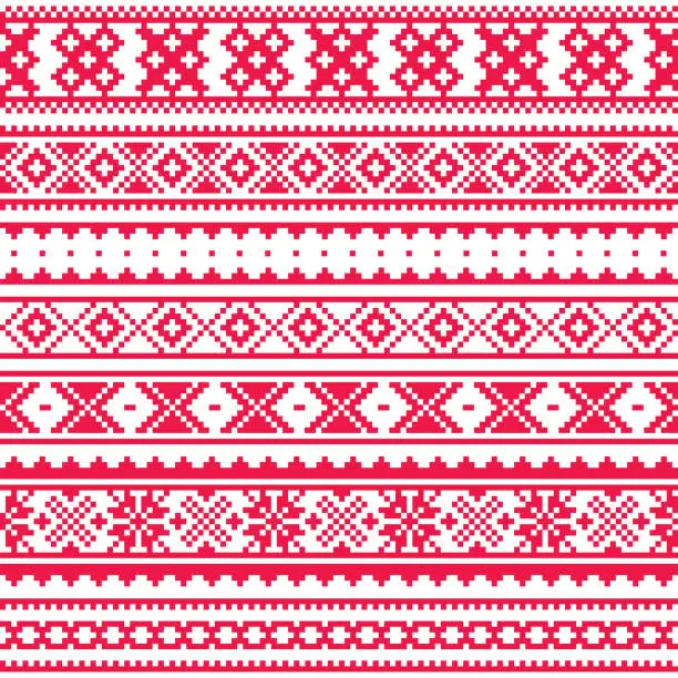 Vector illustration of Lapland traditional red folk art design, Sami vector seamless pattern, Scandinavian, Nordic background