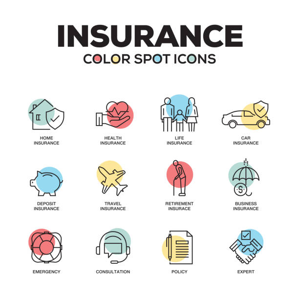 ilustraciones, imágenes clip art, dibujos animados e iconos de stock de iconos de seguro. conjunto de iconos de vector línea. calidad premium. símbolos de esquema moderno y pictogramas. - insurance symbol computer icon travel