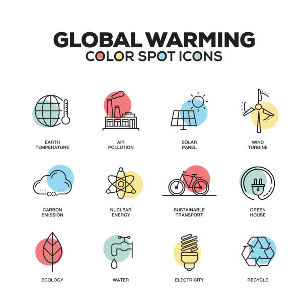 ilustrações de stock, clip art, desenhos animados e ícones de global warming icons. vector line icons set. premium quality. modern outline symbols and pictograms. - factory pollution smoke smog