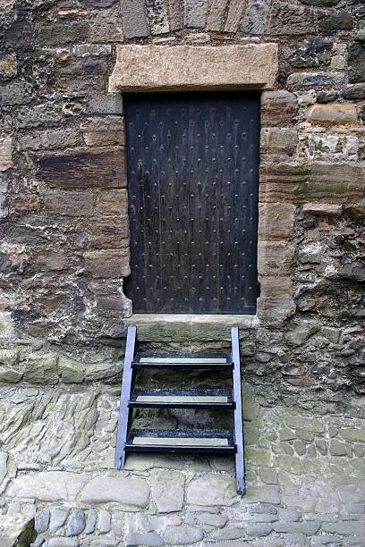 Studded Wooden Door and Steps stock photo
