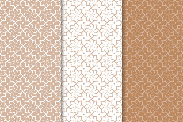 istock Set of floral ornaments. Brown, beige and white seamless patterns 893522316
