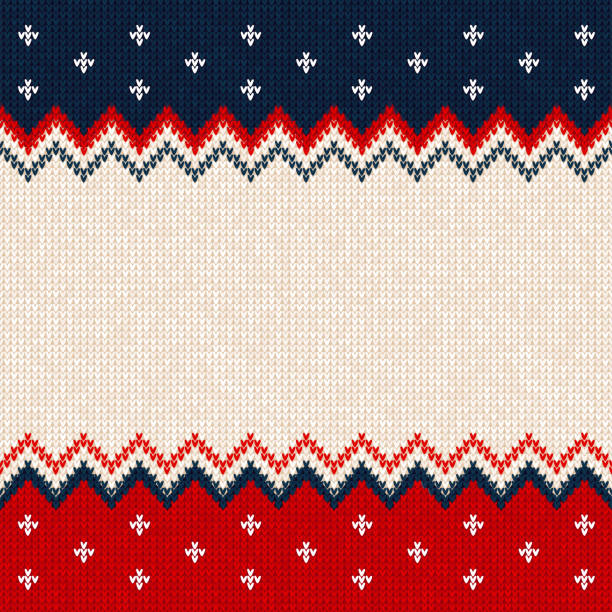 Merry Christmas Happy New Year greeting card frame scandinavian ornaments Ugly sweater Merry Christmas and Happy New Year greeting card frame border template. Vector illustration knitted background pattern with scandinavian ornaments. White, red, blue colors. Flat style winter fashion stock illustrations