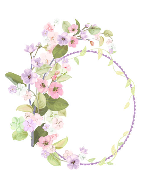 春花 (ブルーム) と円形フレームは、藤色、ピンクのリンゴの木の花、芽は、白い背景の上の緑の葉と枝します。デジタルは、水彩風、ヴィンテージ、ベクトル イラストを描いてください。 - sakura petal vector east点のイラスト素材／クリップアート素材／マンガ素材／アイコン素材