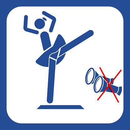 Funny not allowed sign 3D render. Ballet theater front view sign, dancing ballerina, stretching, binoculars not allowed, red \