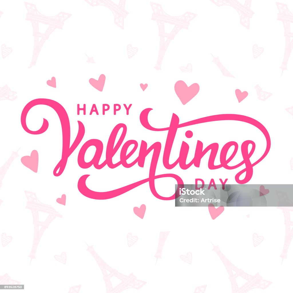 Happy Valentines Day typography poster with handwritten calligraphy text Happy Valentines Day typography poster with handwritten calligraphy text, heart shapes and hand drawn Eiffel Towers silhouettes, isolated on white background. Vector Illustration Valentine's Day - Holiday stock vector