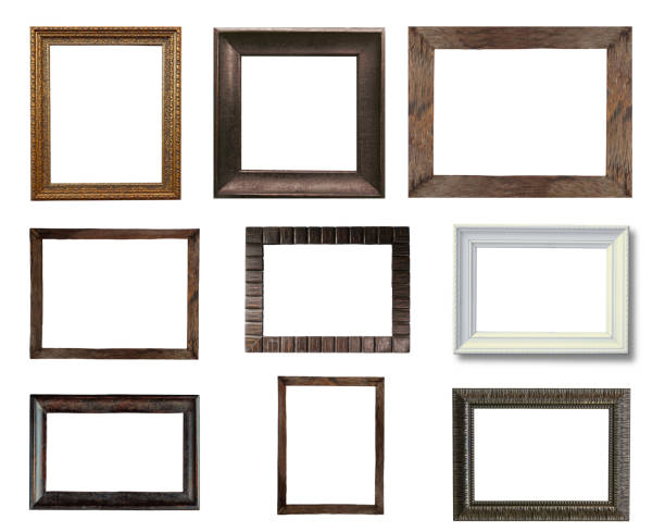 group of old vintage wooden picture frame Close up group of old vintage wooden picture frame isolated on white with space use for texts or products display polynesia photos stock pictures, royalty-free photos & images