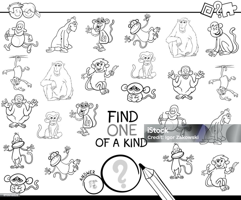 one of a kind game with monkey color book Black and White Cartoon Illustration of Find One of a Kind Picture Educational Activity Game for Children with Monkey Characters Coloring Book Coloring Book Page - Illlustration Technique stock vector