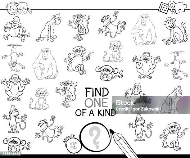 One Of A Kind Game With Monkey Color Book Stock Illustration - Download Image Now - Coloring Book Page - Illlustration Technique, Animal, Animal Wildlife