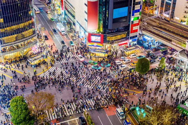 Shibuya, Tokyo, Japan crosswalk and cityscape.