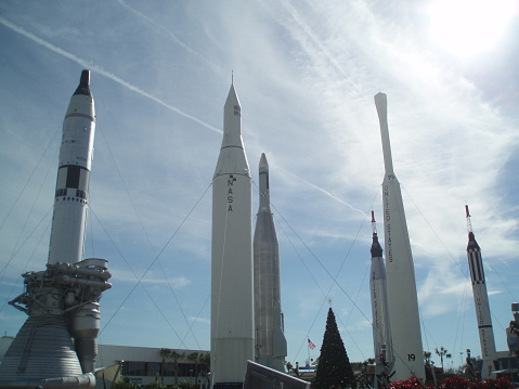 The Rocket Garden in Kennedy Space Center, Cape Canaveral, Florida, USA. backlit and blue sky.