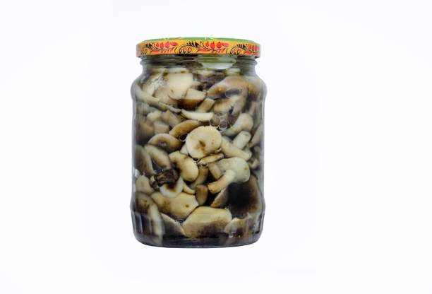Honey mushrooms marinated in a jar isolated on white background