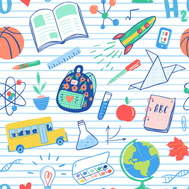 돌아가기 학교 원활한 패턴입니다. 스쿨 버스, 로켓, 글로브, 가방, 공, 책, 화학, 테스트 튜브, 페인트, 식물, 전화 벡터. 학교 한다면 아이콘 그림입니다. - recreational pursuit illustrations stock illustrations