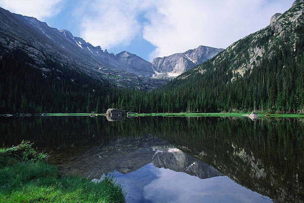 Mountain reflections in Mills Lake, Colorado Rockies stock photo