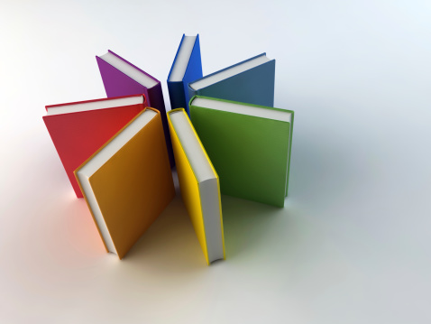 Seven color books in circle. 3d modeling and rendering