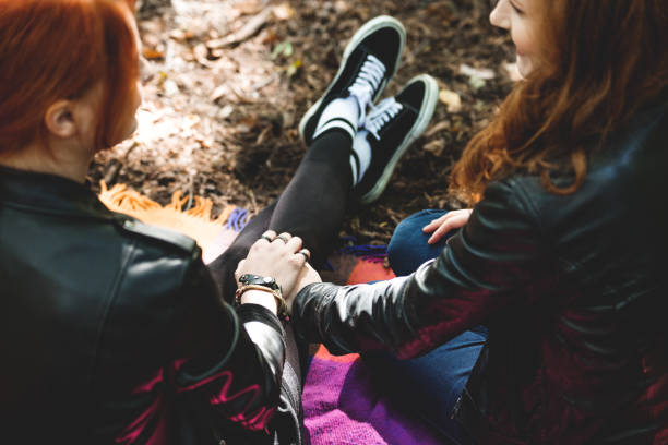 Lesbian girls holding their hands High angle of lesbian girls holding their hands sitting on blanket in the park only girls stock pictures, royalty-free photos & images