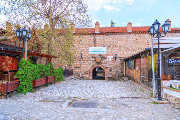 Skopje, Macedonia - April 5, 2017: Old Turkish bazaar and neighborhood of Skopje, the Macedonian capital. Entrance of Isa Bey Medrese.